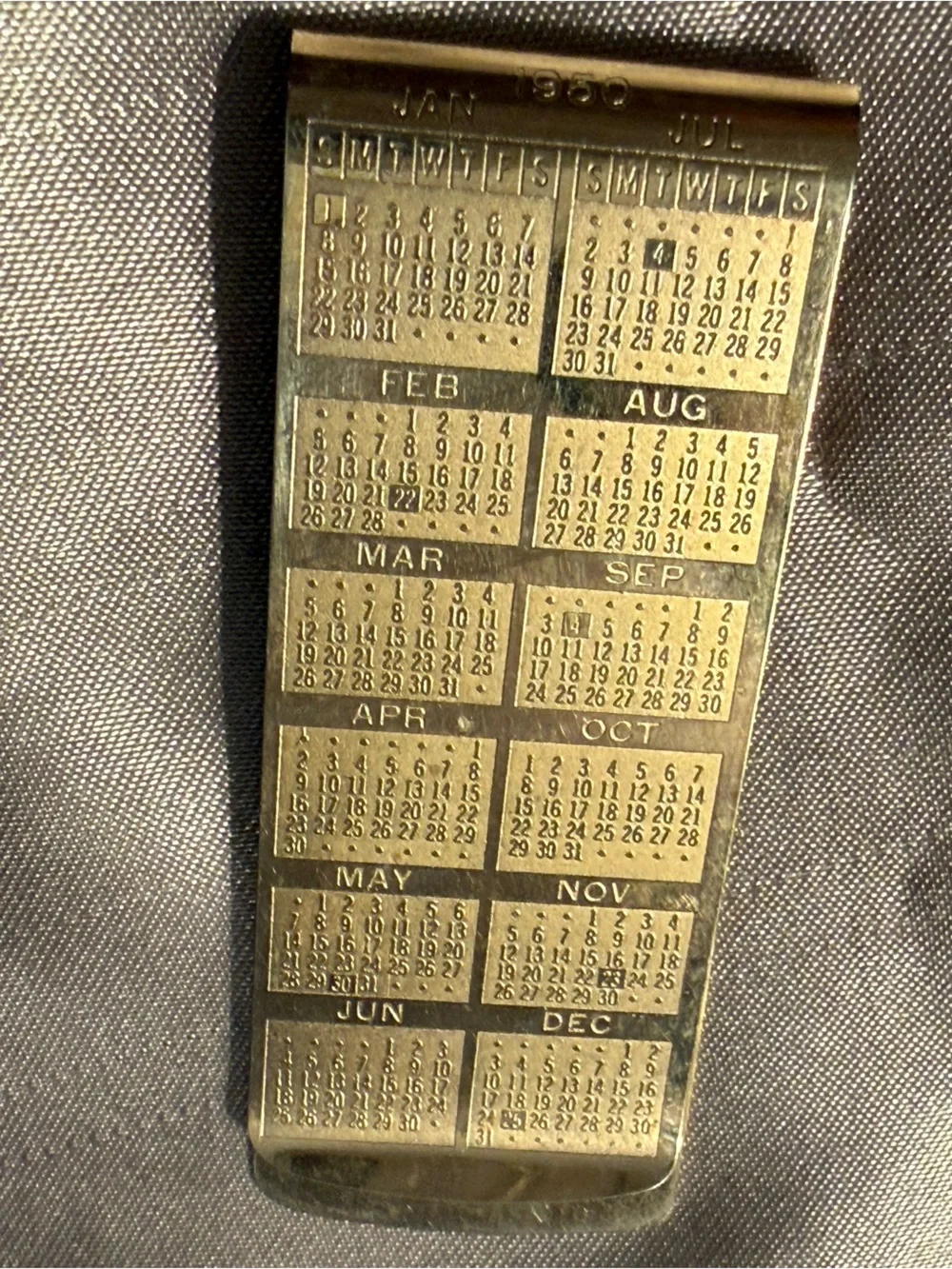 Vintage Money Clip 1950/1951 Perpetual Calendar - Gold Tone